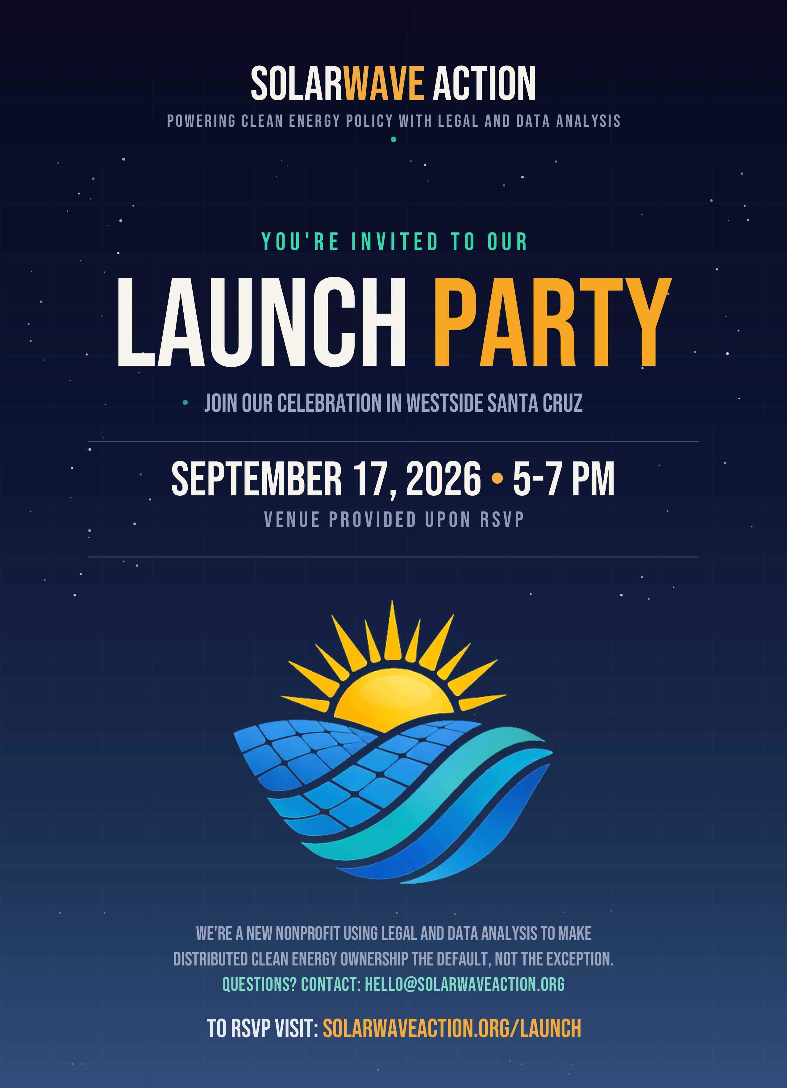 SolarWAVE Action Launch Party Flyer